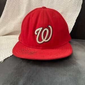 Autographed Washington nationals new era, red game hat 7 1/2